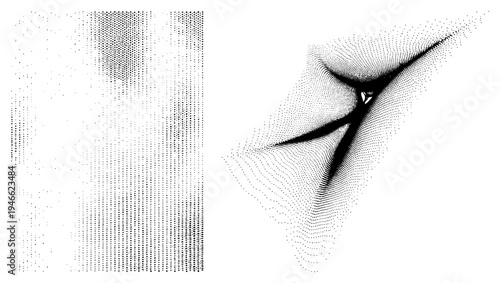 Halftone vector art using dot density gradients to form abstract shapes, minimalist design, digital illustration, graphic, texture art, geometric abstraction.