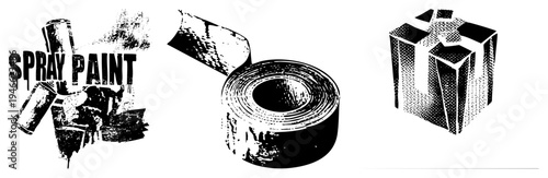 Stylized spray paint cans with drips, duct tape roll with textured adhesive, halftone cube graphic urban art tools, DIY materials, punk design elements.