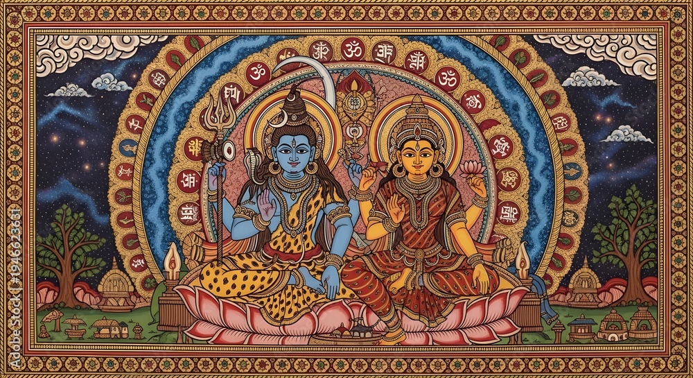 Naklejka premium Intricate Traditional Painting of Shiva and Parvati in Cosmic Setting for Religious and Cultural Decor