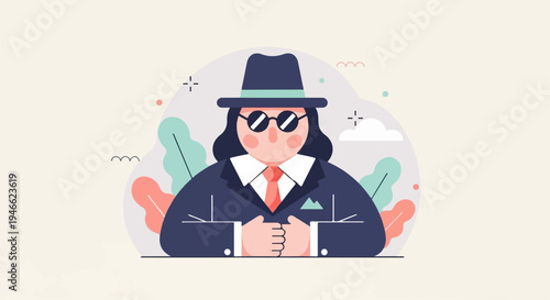 A stylized figure in a hat and suit, with plants and abstract shapes