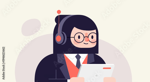 A stylized figure in a suit and headphones holds a tablet device