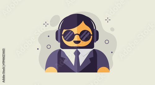 A stylized figure in a suit and headphones with cool sunglasses