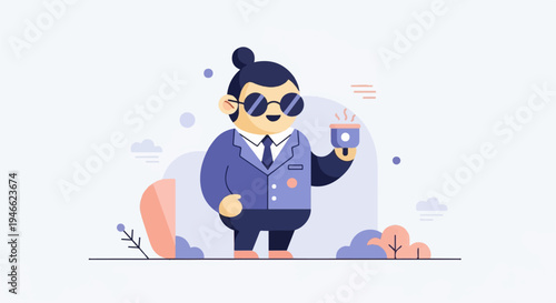 A stylized figure in a suit holds a steaming mug of coffee amidst abstract shapes