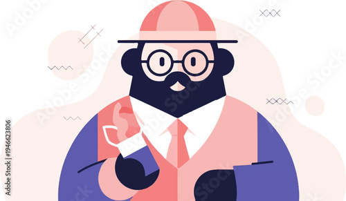 A stylized, flat illustrated man with a beard and glasses in a vest