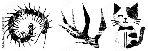 Stylized black and white vector segmented millipede, textured antlers, and bowtie wearing cat, all rendered with halftone grain and bold.