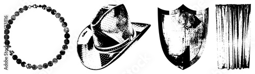 Black and white halftone vector set featuring beaded necklace, cowboy hat, shield emblem, and curtain folds classic graphic elements with textured shading and bold.
