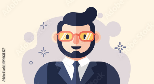 A stylized, flat illustration of a bearded man in a suit and tie with glasses