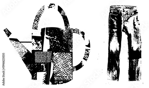 Graphic vector illustration of watering can and jeans with halftone textures, urban fashion, textile art, black and white print style, isolated design elements.