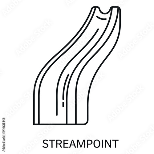 Black line of a waterslide with the word S T R E A M P O I N T playground amusement park water park