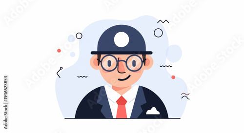 A stylized, friendly, bespectacled man in a suit and hat