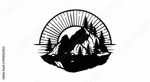 A stylized black and white mountain landscape within a sunburst semicircle