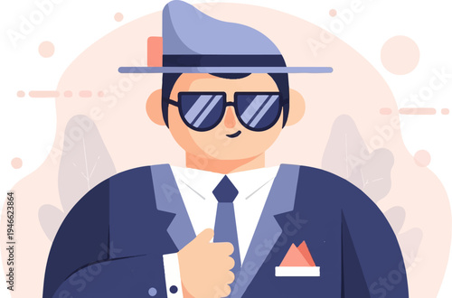 A stylized, flat-design illustration of a man in a suit, tie, and fedora
