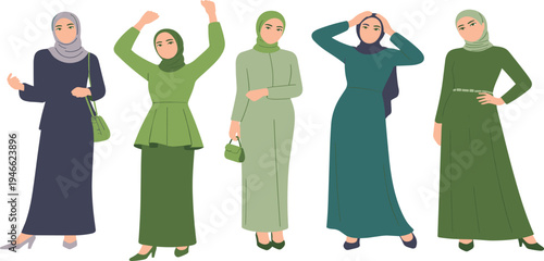 Five women wearing hijabs and modest dresses in various poses and colors modest fashion