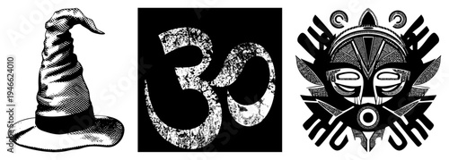 Three black and white vector wizard hat with folds, textured Om symbol, ornate tribal mask. Isolated graphic elements for design projects.