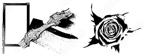 Ornate frame with skeletal branch, stylized rose with, halftone texture, gothic design, vector art, isolated graphic, tattoo or emblem style.