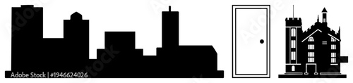 Cityscape, silhouette, door, architectural, urban design, vector shapes, black and white graphic, flat silhouette art.