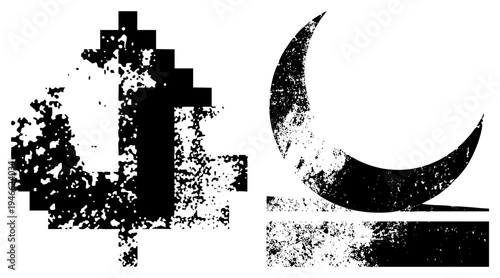 Retro game anchor and moon symbol, distressed digital art, pixel art style, glitchy texture, graphic design.