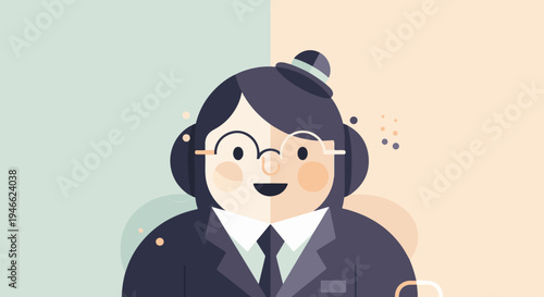 A stylized illustration of a person in a suit with round glasses