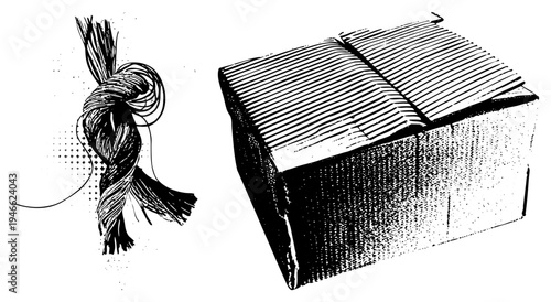 Hand drawn rope knot with flowing strands, stacked book with halftone shading, vector art, isolated elements, sketch style, bookbinding design, educational material.