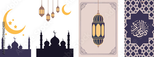Islamic crescent moon stars mosque lanterns and geometric patterns ramadan