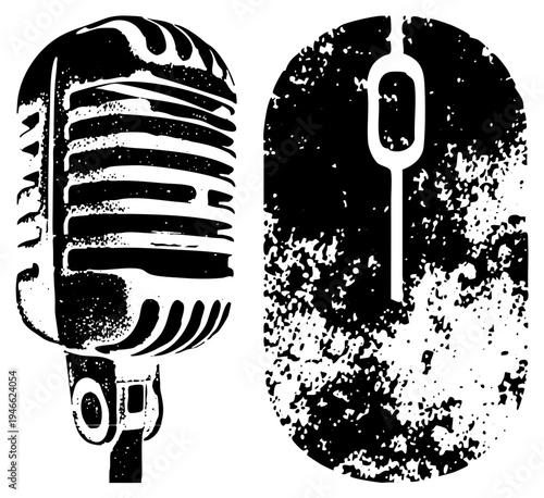 Retro microphone with ribbed grille and stand, paired with minimalist computer mouse, both in distressed black and white vector style, ideal for tech or music themes.