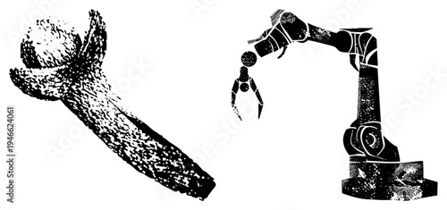 Mechanical robotic arm extending toward stylized human silhouette, halftone texture, industrial automation, black and white graphic, digital illustration, tech art, isolated vector.