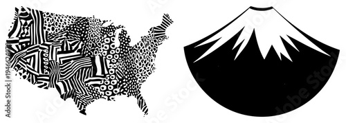 USA map filled with abstract black and white, Mount Fuji mountain, minimalist design, cultural symbol, travel graphic, tourism illustration.