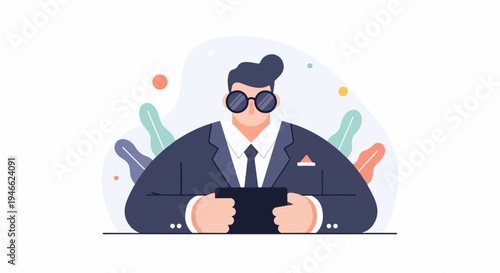 A stylized individual in a suit and sunglasses holds a tablet