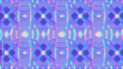 Repeating abstract geometric pattern radiates neon blue and purple luminescence from interconnected diamond and hexagon shapes.