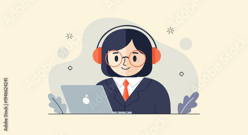 A smiling person in glasses and headphones sits at a laptop, dressed professionally