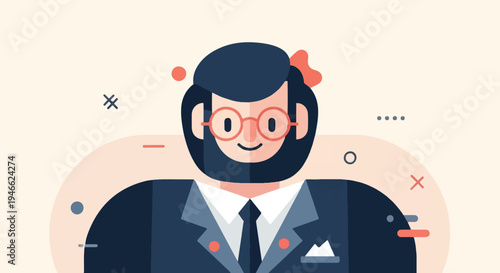 A smiling person in glasses, suit, and bow tie with abstract shapes