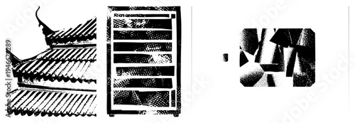 Ornate style roof with upturned eaves, stylized tile, vector halftone rendering, architectural silhouette, cultural landmark design.