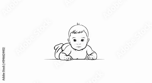 A simple, black and white line drawing of a baby lying on its stomach