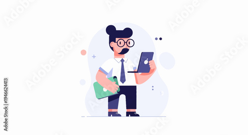 A stylized businessman in a tie holds a laptop and briefcase