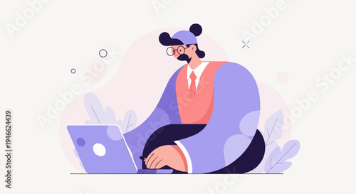 A stylized character with glasses and a hat works on a laptop