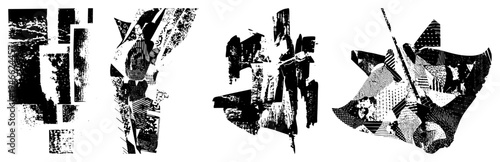 Fragmented abstract forms composed of halftone textures and bold black shapes, graphic art, vector composition, modern design element, isolated.