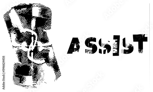 Distressed typography spelling "ASSIST" beside a halftone rendered fist, gritty urban design, stencil art, protest symbol, activist.