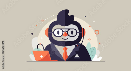 A stylized character with headphones and a laptop, representing remote work