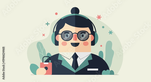 A stylized character with headphones and glasses holds a red device