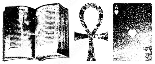 Open book with page texture, ancient ankh, playing card ace of, halftone vector art, symbolic, black and white graphic, isolated elements, spiritual and gaming themes.