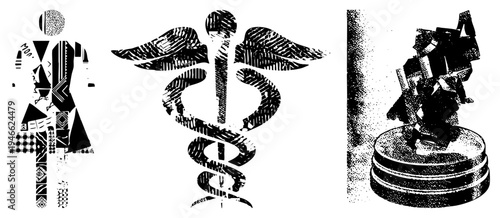 Caduceus staff with wings and snakes, female figure in tribal, abstract sculpture on pedestal, halftone style, medical, graphic design elements.