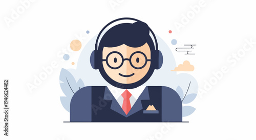 A smiling person wearing headphones and a suit