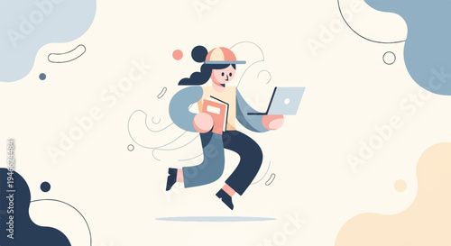 A stylized cartoon character runs with a laptop and book, surrounded by abstract shapes