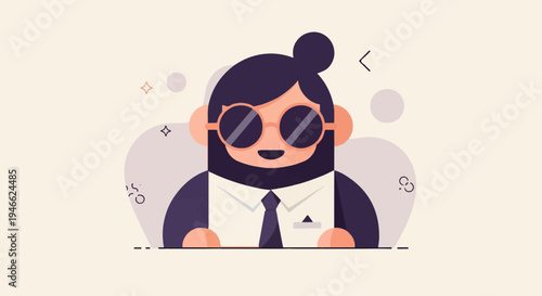 A stylized character with sunglasses and a bun, wearing a shirt and tie