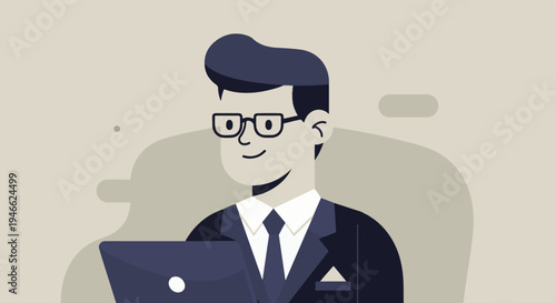 A smiling person wearing glasses and a suit works on a laptop