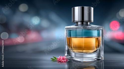 A perfume bottle rests on a reflective surface, softly lit to highlight its design