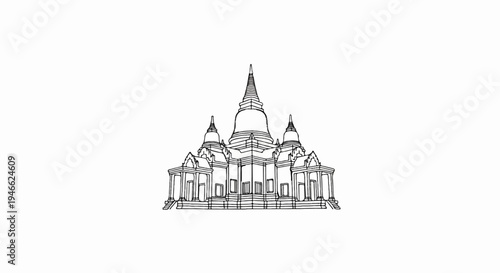 A sketch of a multi-tiered temple complex with a central spire