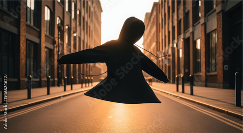 A person in a cape flying over a city street during sunset.