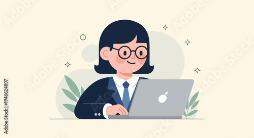 A smiling woman in glasses and a suit works on a laptop