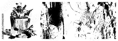 Black and white vector art featuring fragmented geometric forms, halftone textures, and sharp angular shapes, ideal for graphic design or layouts.